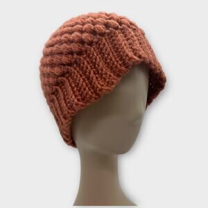 Chunky Knit Crochet Brown Orange Beanie Wide Rim Hat Boho Us 7 Medium